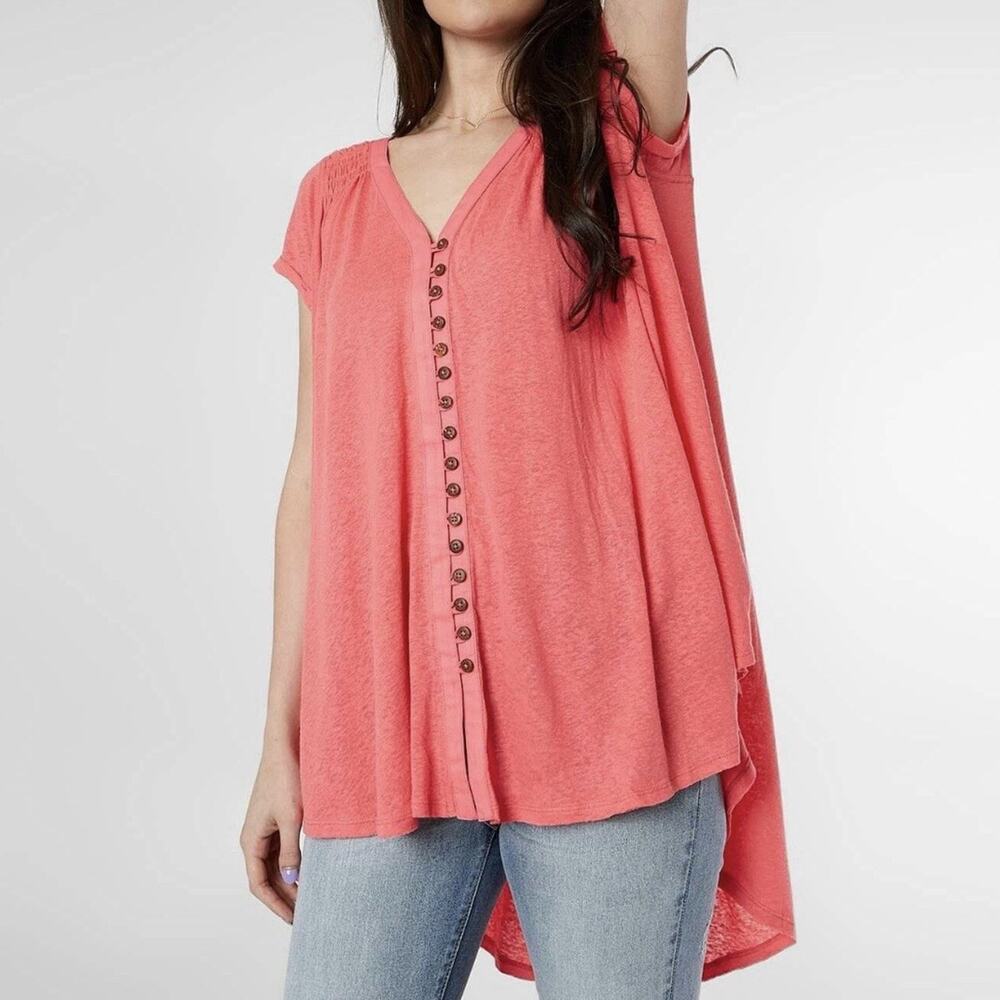 Free People Highlands Top Womens Small Pink Loose Fit Flowy Tunic Button Up Flaw